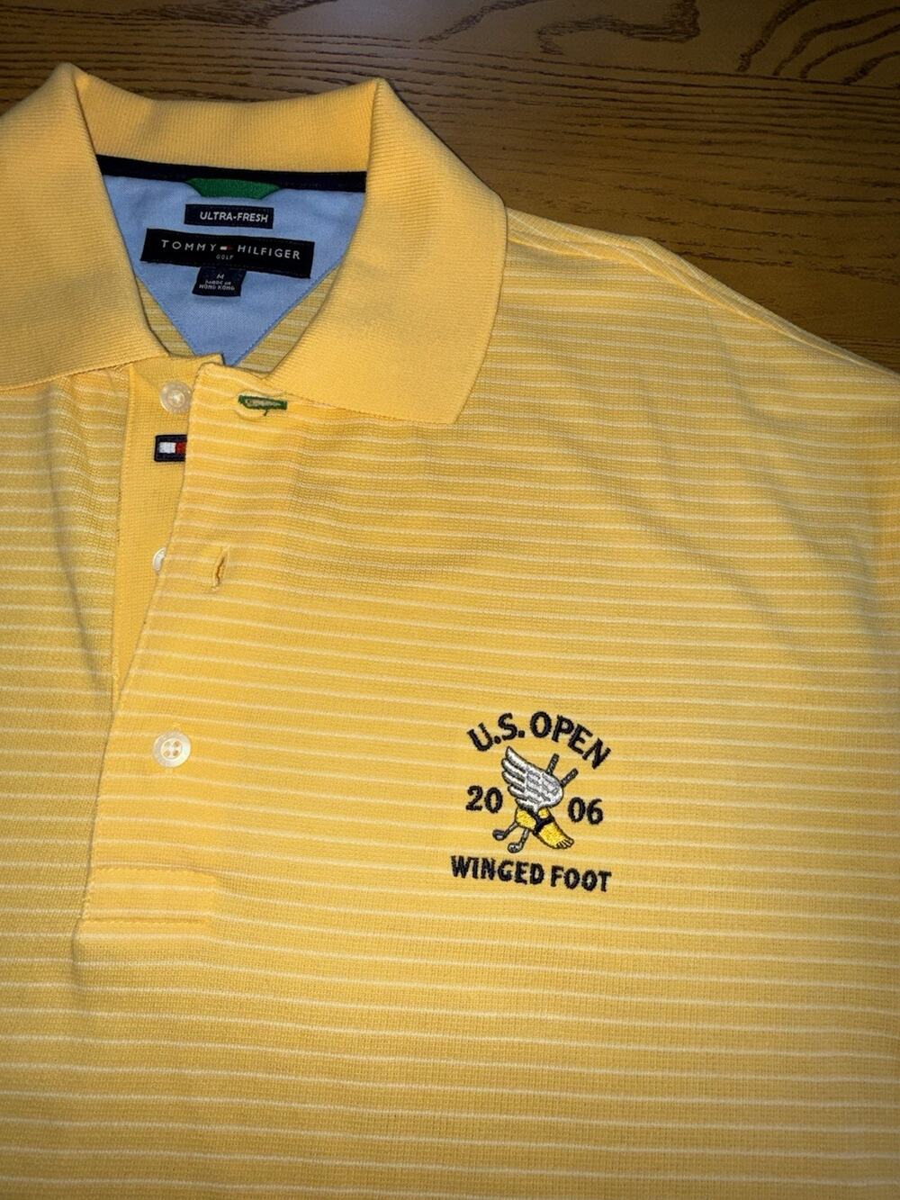 Tommy Hilfiger Mens Golf Polo Sz M/L Yellow Stripe US Open 2006 Winged Foot EUC